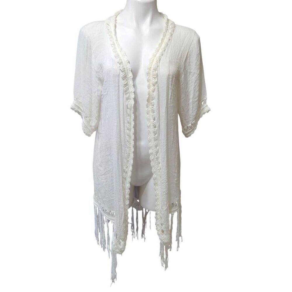 Vivid open front cardigan white crochet detail back cutout fringe medium